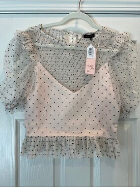 Woven Heart Blush Pink V-Neck Polka Dot Mesh Peplum Top